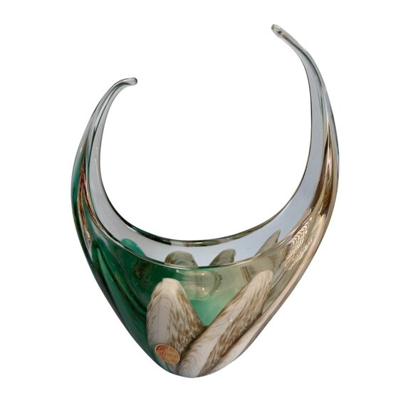 Murano Sommerso Art Glass Centerpiece Bowl Green White Glass 9.5x6.5 Inches - Picture 1 of 7